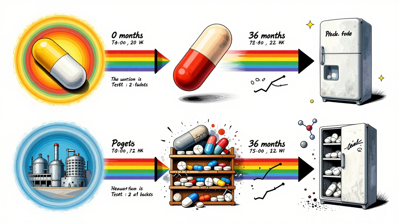 Colorful timeline showing a pill aging through abstract degradation patterns