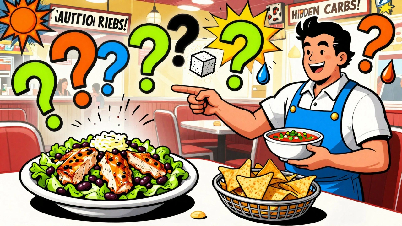 Diner choosing a healthy salad with salsa on the side, avoiding sugary dressings and chips.