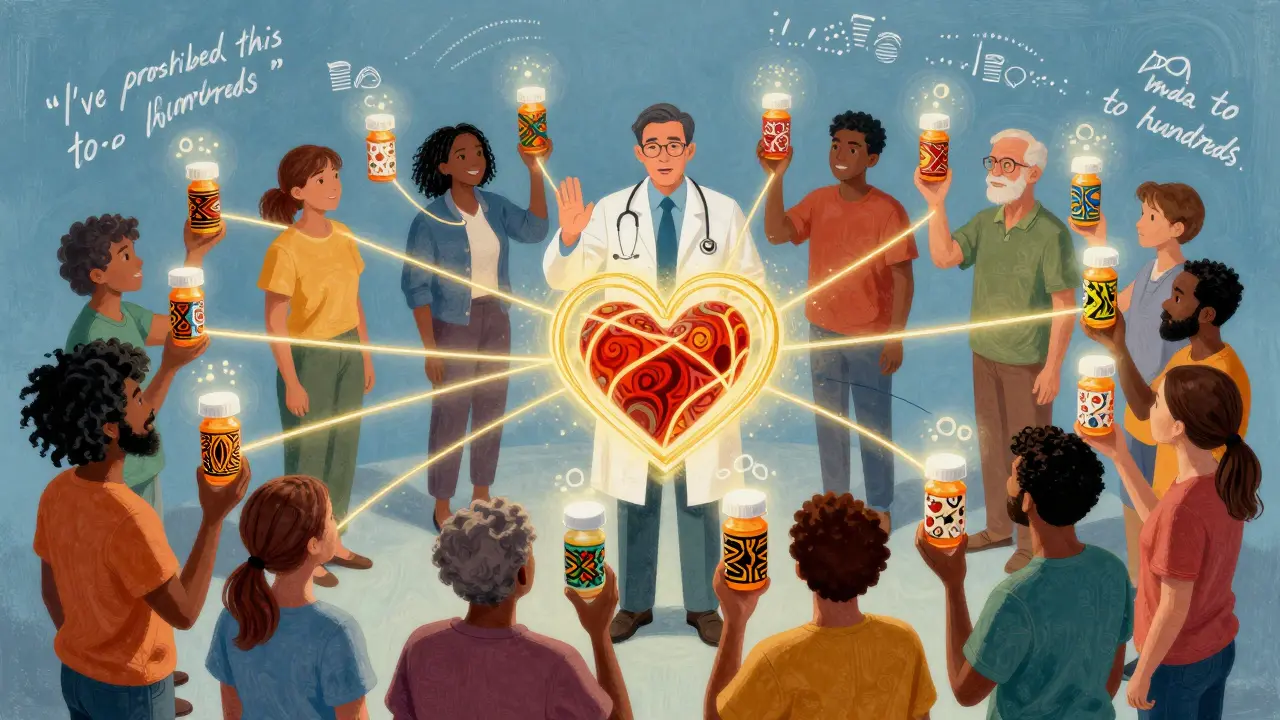 Diverse patients hold generic pills with cultural patterns, connected by golden threads forming a heart, under a glowing doctor.