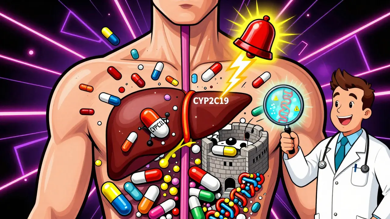 Drug molecules colliding around a liver fortress in a vibrant, chaotic body interior with glowing gene strands.