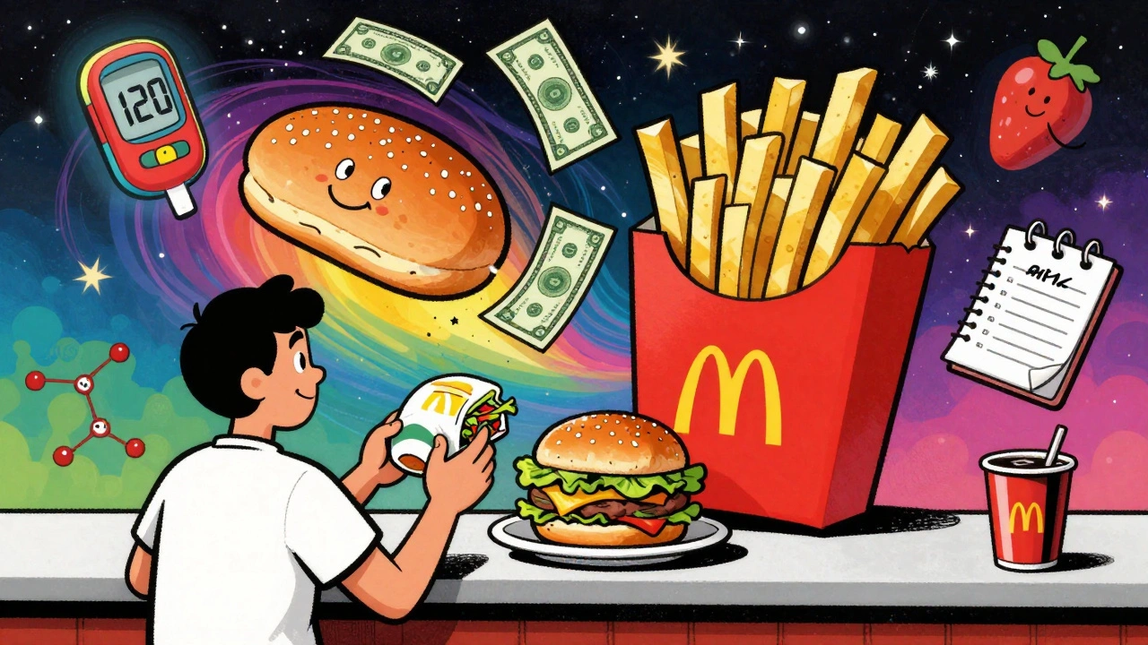 Fast-food order with lettuce wrap and salad, surrounded by symbolic carbs and glucose meter.