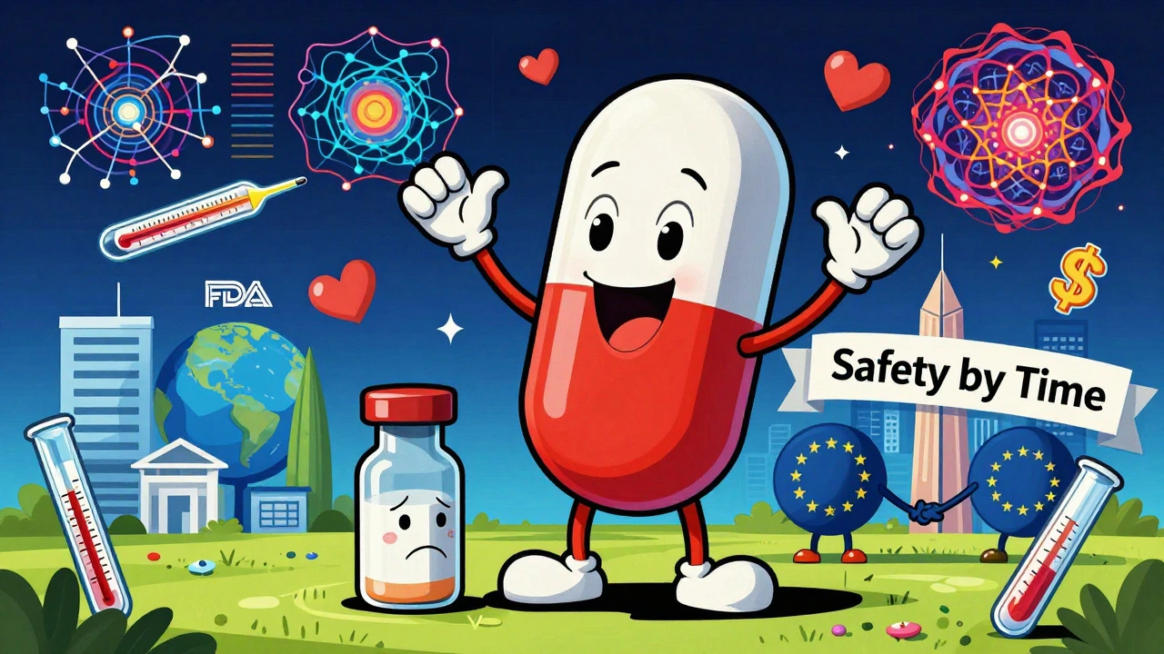 Friendly pill beside a worried vial, with AI patterns and global symbols in vibrant cartoon style