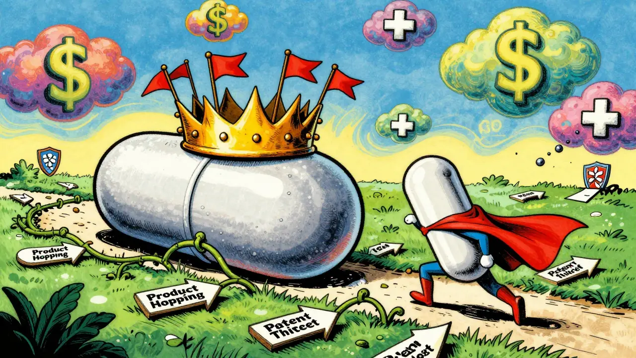 Giant drug tablet covered in 48 patent flags, generic pill trying to leap over legal vines.