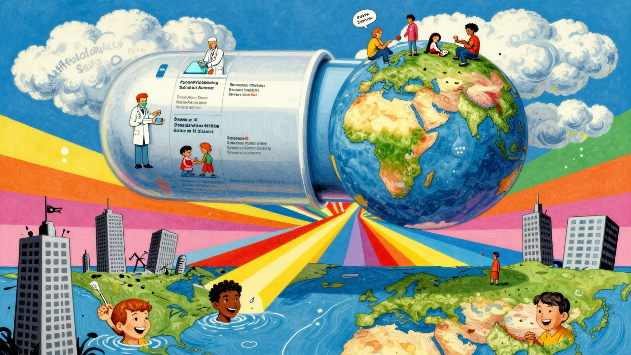 Giant generic pill above the world, connecting global healthcare scenes with vibrant cosmic rays and falling high-cost symbols.