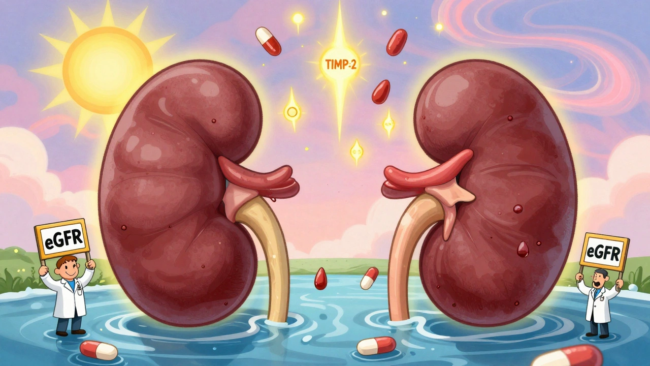 Giant kidneys filtering blood with warning symbols and glowing biomarkers in a dreamy sky.