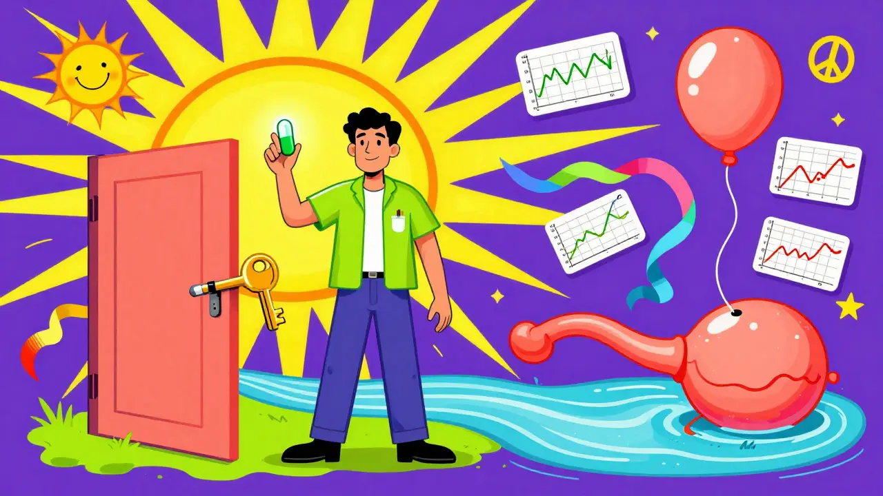 Man holding safe meds as keys unlock his urethra, with flowing urine and glowing prostate relief symbols.