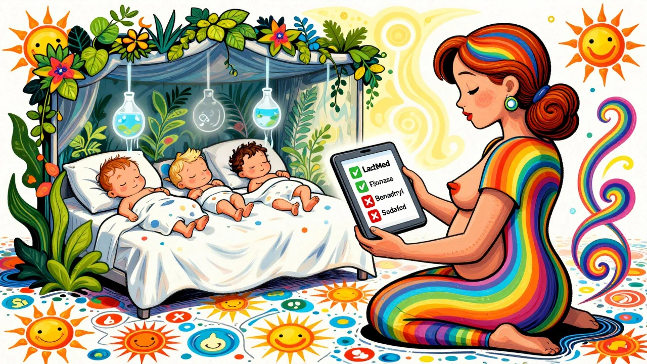 Mother consulting a rainbow-colored lactation expert with app showing safe vs. unsafe meds.