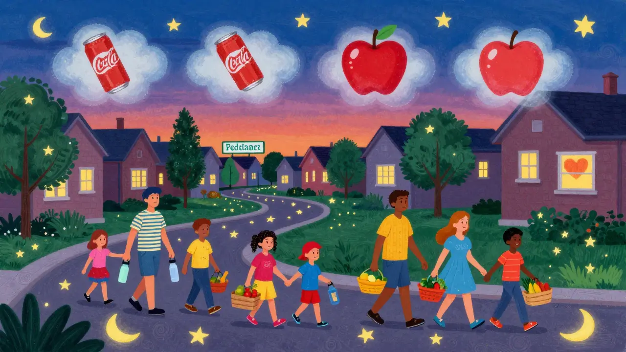 Multiple families walking together at dusk under rainbow skies with fruit baskets and glowing signs.