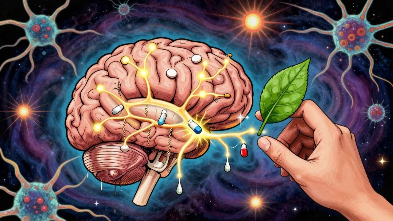 Neural pathways damaged by pills, with a hand offering a green alternative in radiant colors.