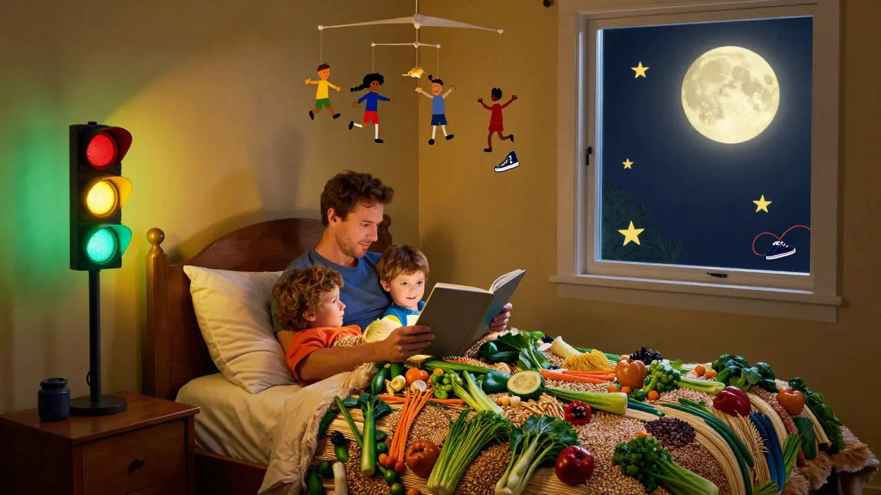 Parent reading to children at bedtime under a blanket of vegetables, with a stoplight nightlight.