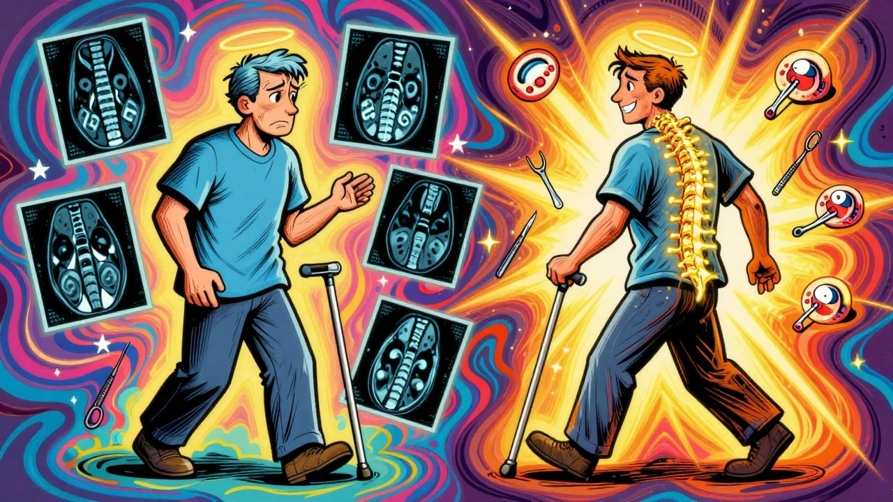 Patient before and after cervical surgery, with MRI images and floating surgical tools in vibrant psychedelic art style.