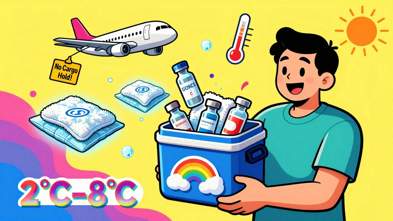 Patient carrying rainbow cooler with wrapped vials, ice packs below, airplane overhead, temperature range glowing.