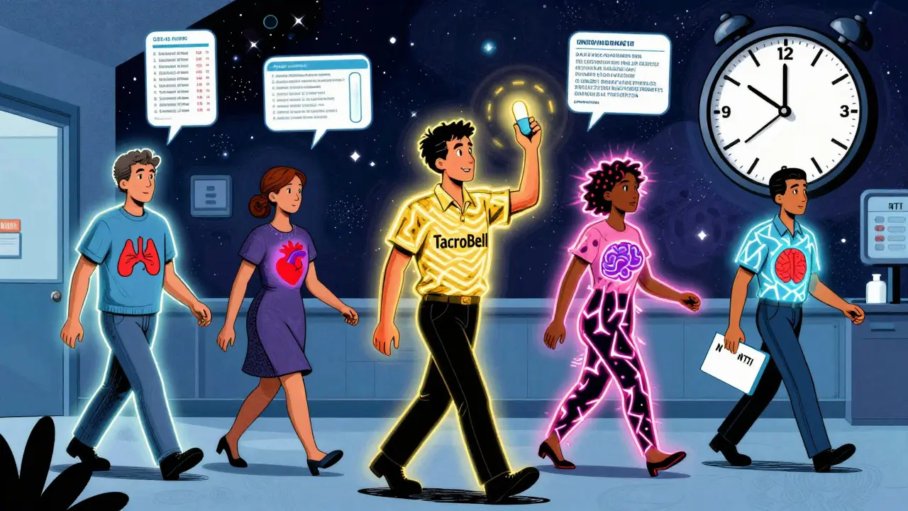 Patients walk down a hallway with glowing organ symbols flickering between stable and unstable states, one holding a golden 'TacroBell' pill.