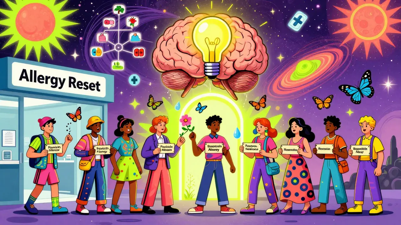 People passing through a glowing archway as their old drug allergy labels turn into butterflies and flowers.