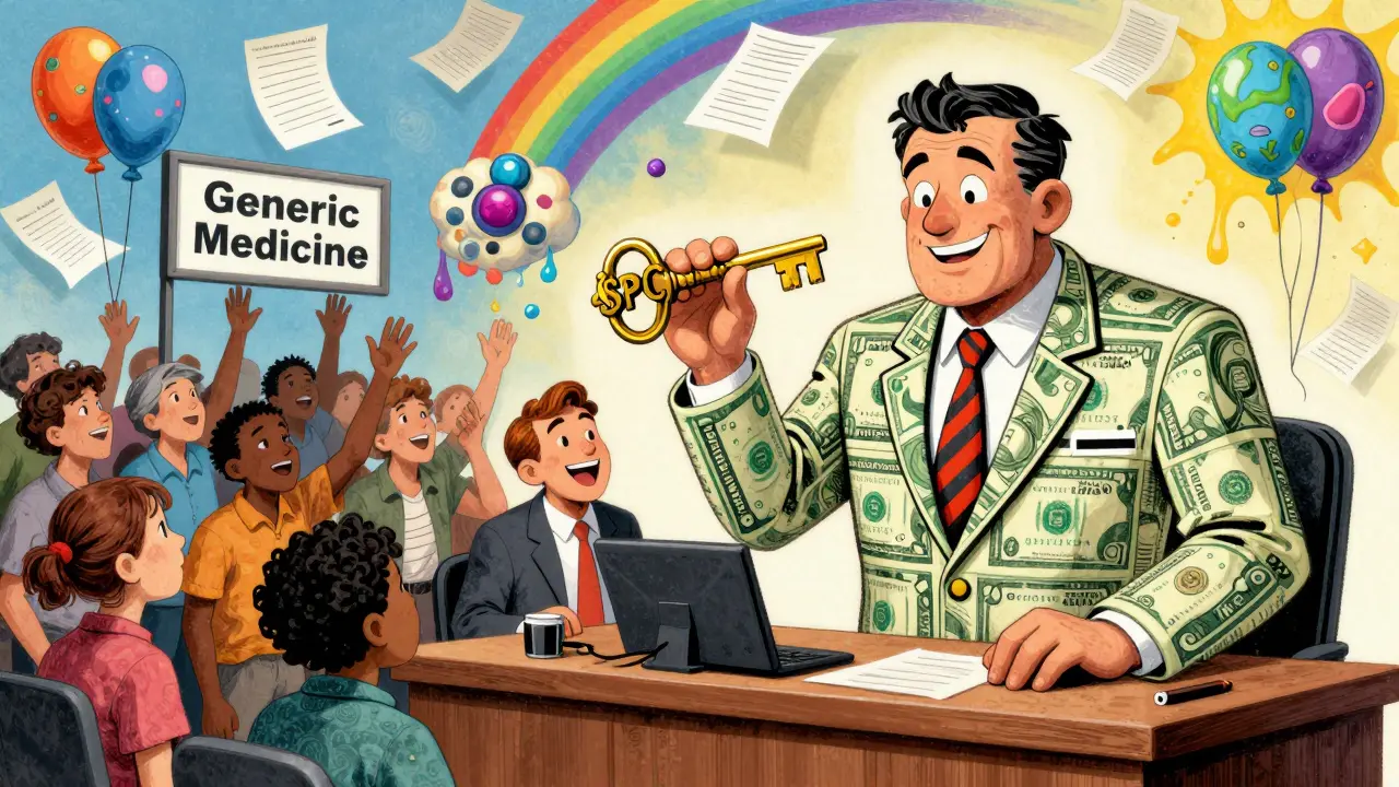 Pharmaceutical executive giving golden key to regulator while patients reach for generic medicine.