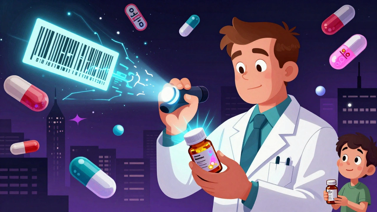 Pharmacist using a UV light to reveal hidden fluorescent patterns on a generic drug package.