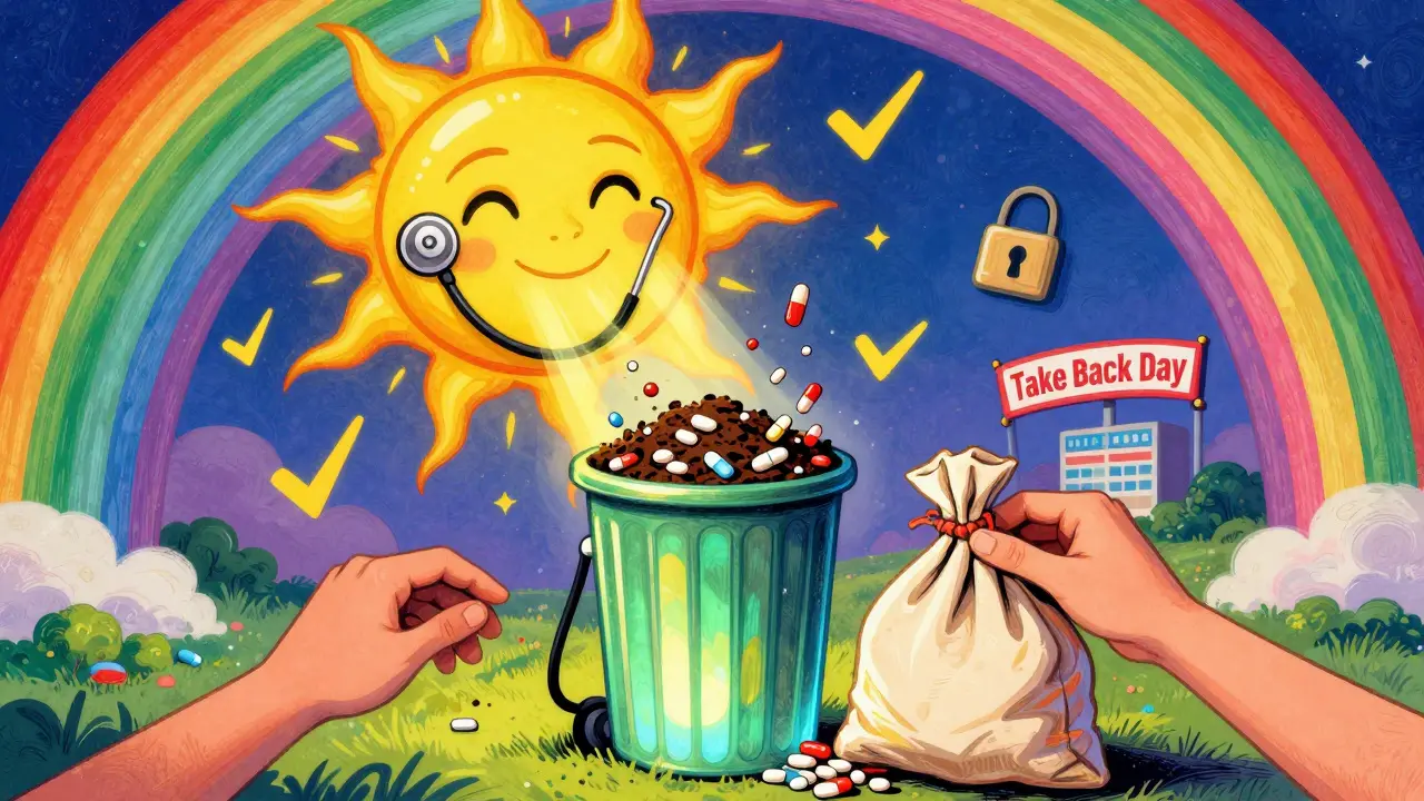 Pills are disposed of in a glowing trash bin as a smiling sun with a stethoscope watches over the scene.