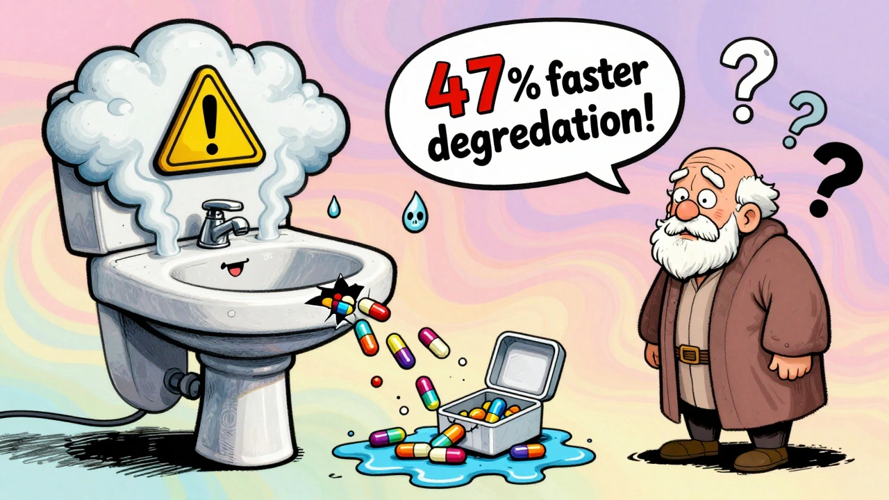 Pills melting from a damaged organizer in a steamy bathroom, with warning symbols and swirling colors in Peter Max style.
