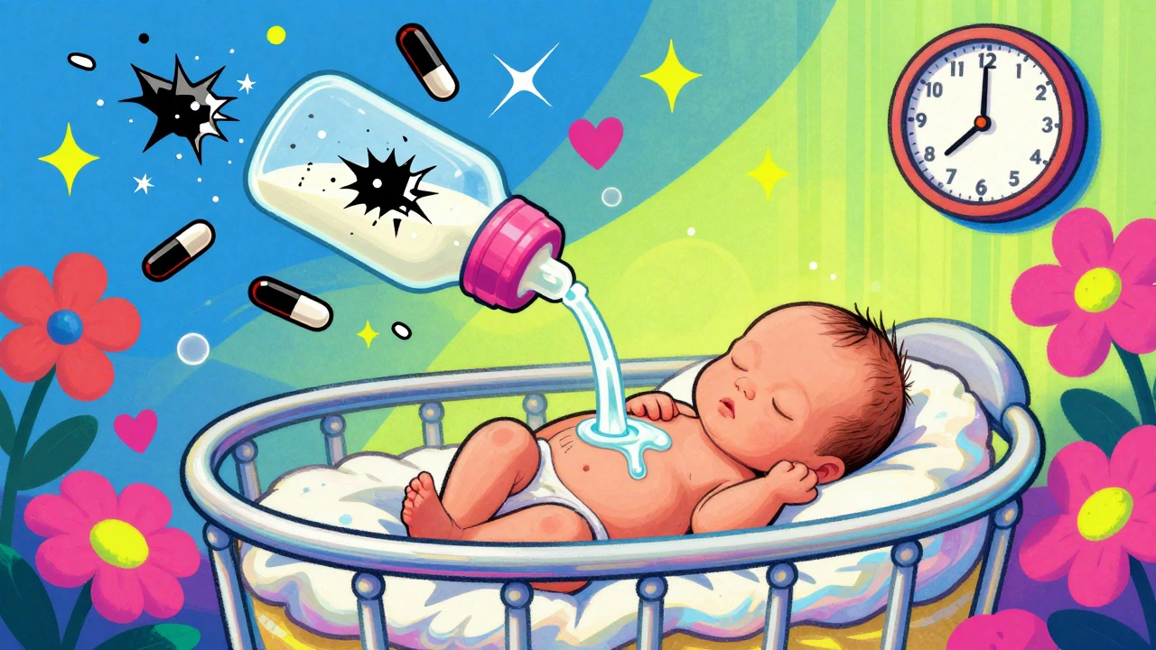 Sleeping baby with safe cough medicine droplets flowing gently, codeine symbols dissolving.