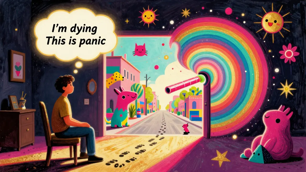 Someone overcoming panic with glowing thought tools and a path leading from darkness to light.