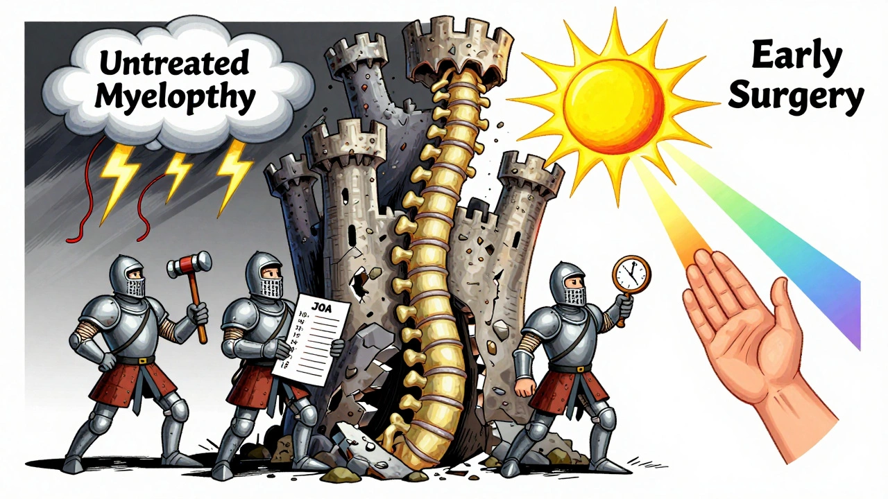 Spinal castle under threat from a storm, guarded by medical symbols and illuminated by early surgery&#039;s radiant sun.