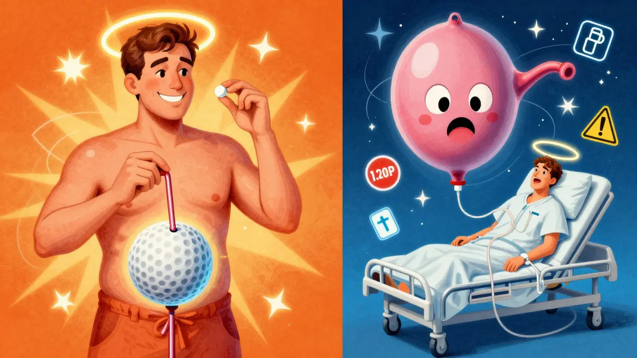 Split scene: man taking a pill vs. hospitalized with catheter, surrounded by cosmic medical warnings.