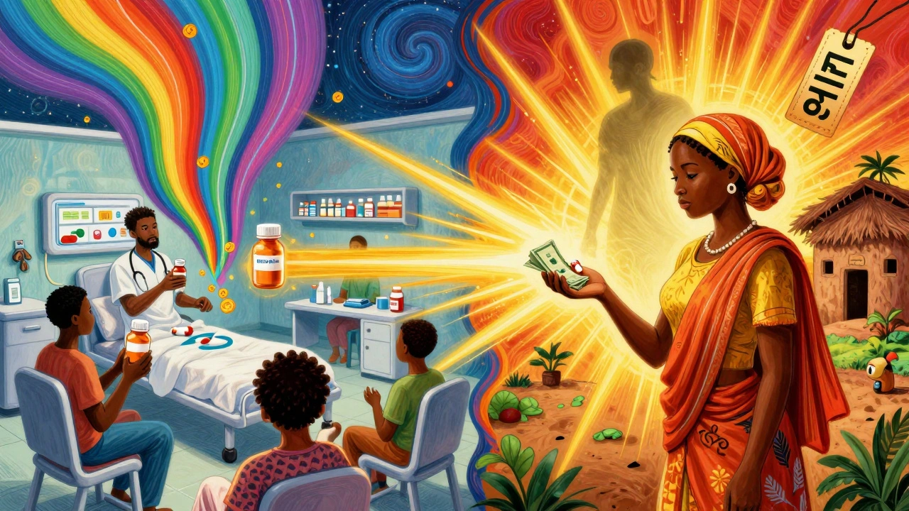 Split scene: U.S. hospital with affordable generics on one side, rural African village receiving medicine on the other, both lit by radiant light.