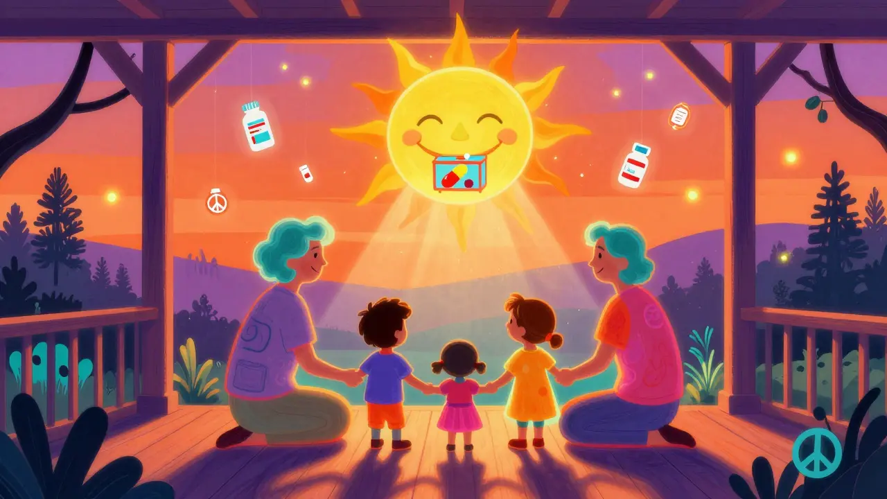 Three generations hold hands on a porch as a smiling sun with a lockbox for a face beams down in vibrant cosmic colors.