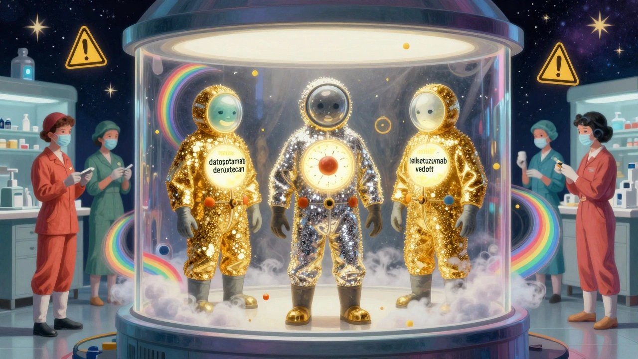 Three glowing cancer drugs in hazard suits inside a rainbow containment hood