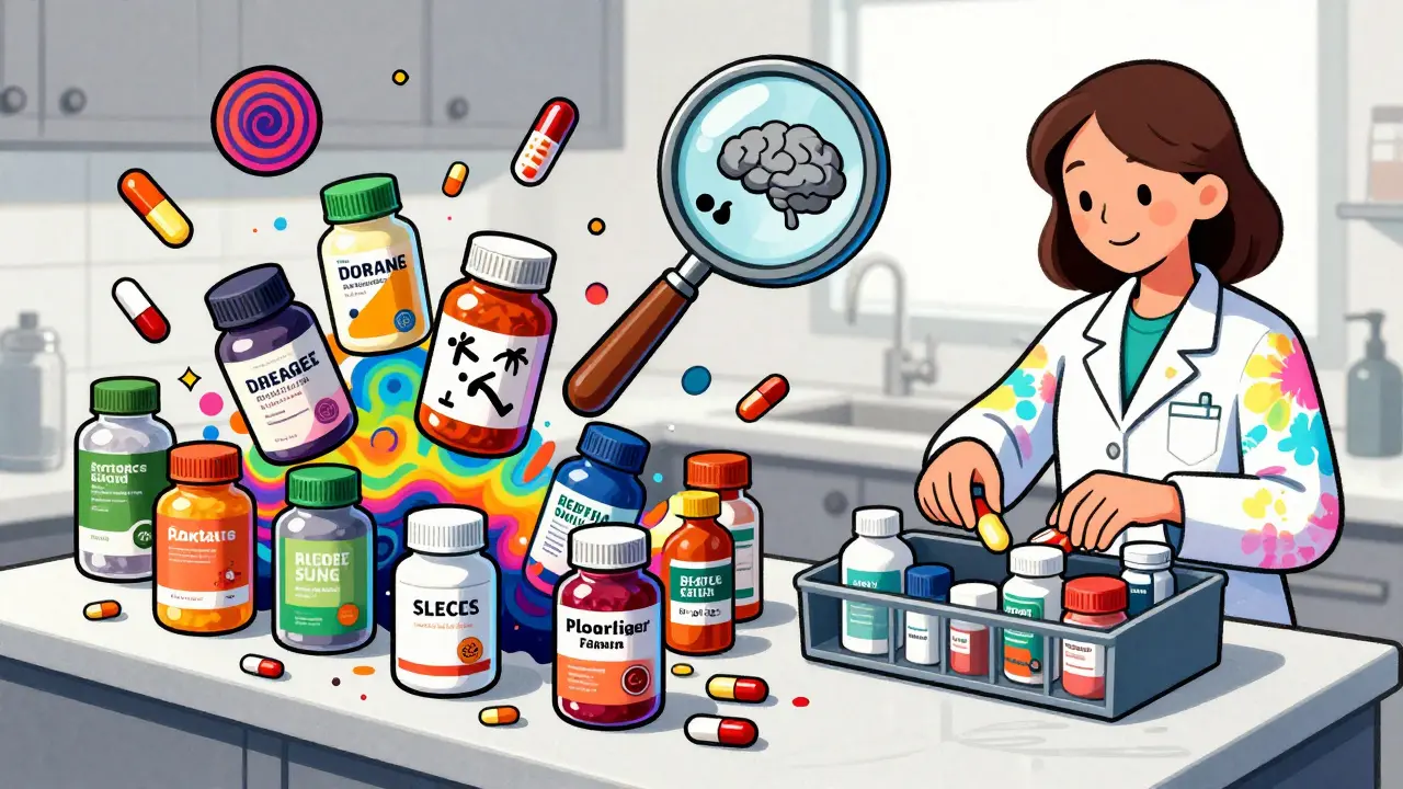 A chaotic kitchen counter overflowing with pill bottles and supplements in vibrant cartoon style.