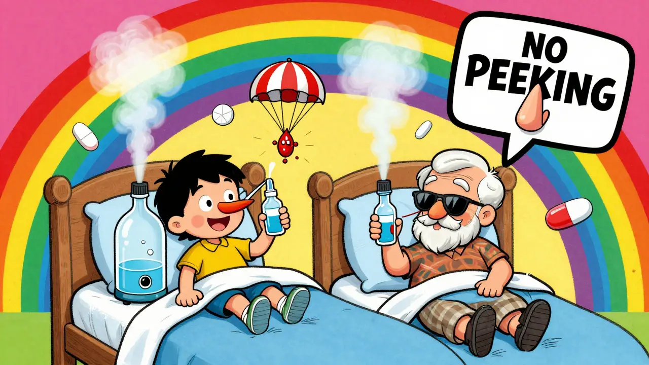A child and elderly person using saline sprays and humidifiers, with cartoon blood vessels wearing parachutes in vibrant pop art style.
