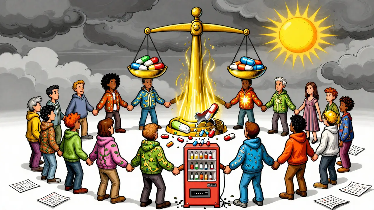 A circle of diverse people holding hands under a balancing scale of pills, with a broken vending machine below.