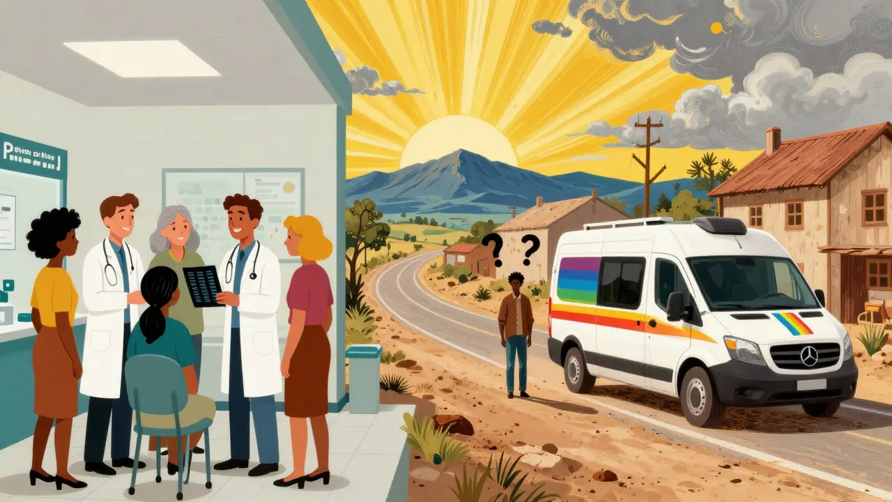 A diverse group in a clinic contrasts with a rural figure beside a rainbow mobile screening van.