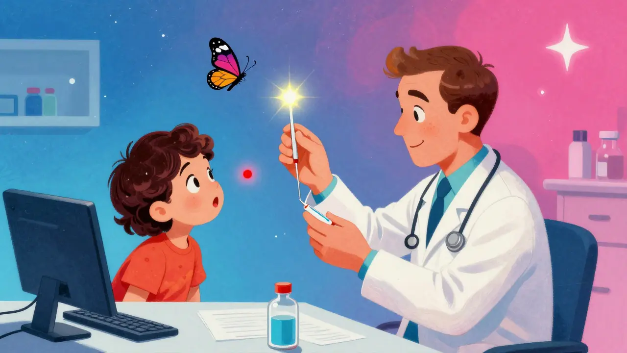 A doctor performs a skin test with a glowing needle, turning a rash into a butterfly.