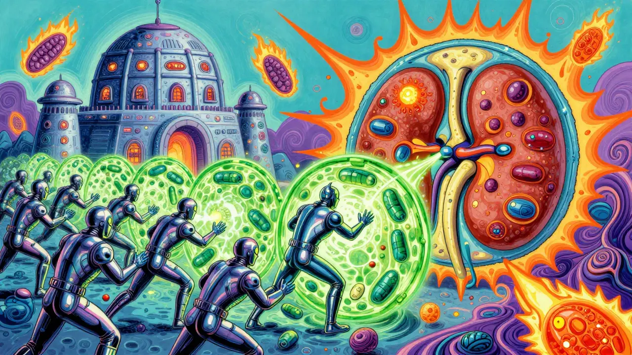 A futuristic kidney cell under attack, defended by polyaspartic acid superheroes in glowing psychedelic colors.