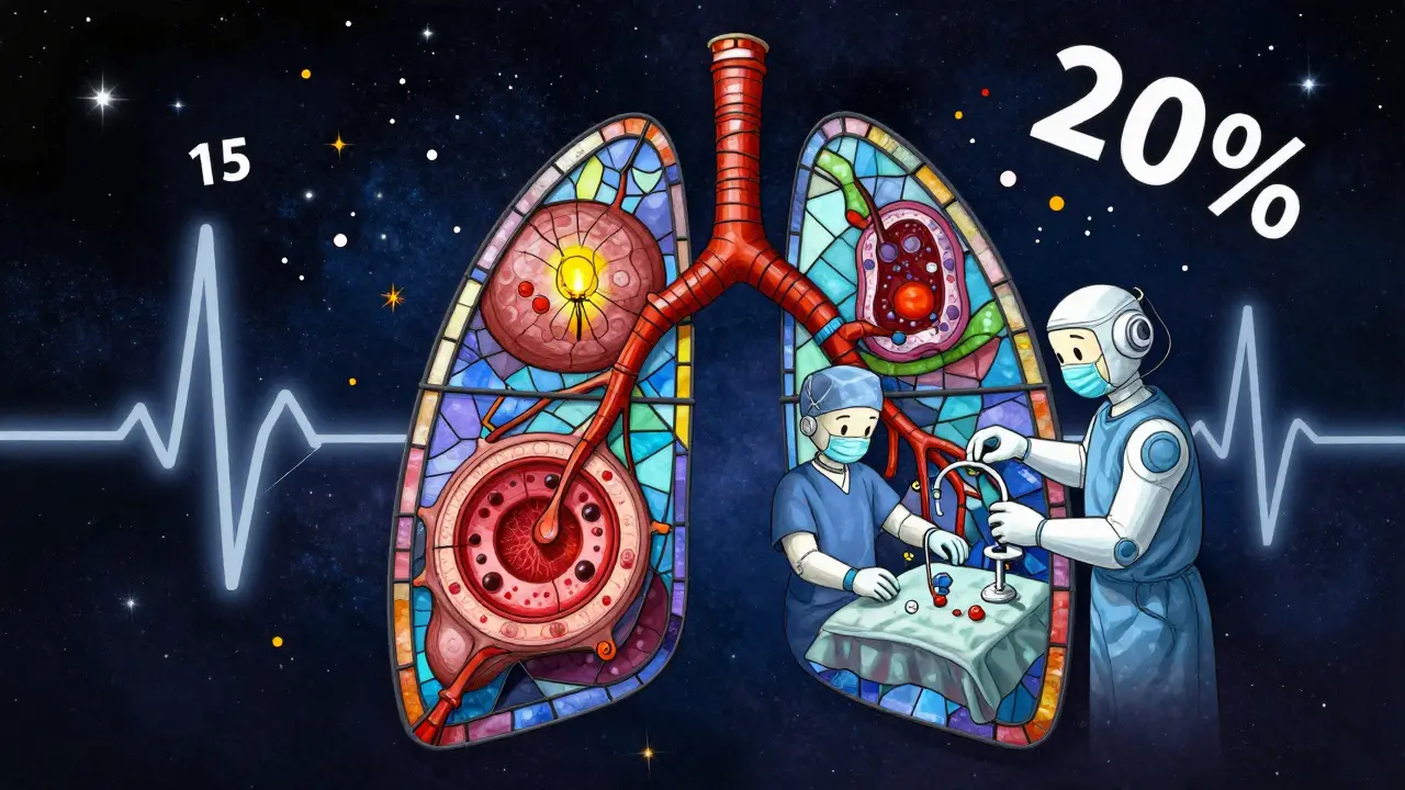 A giant stained-glass lung floats in space, showing cancer detection stages with glowing nodules and floating numbers.
