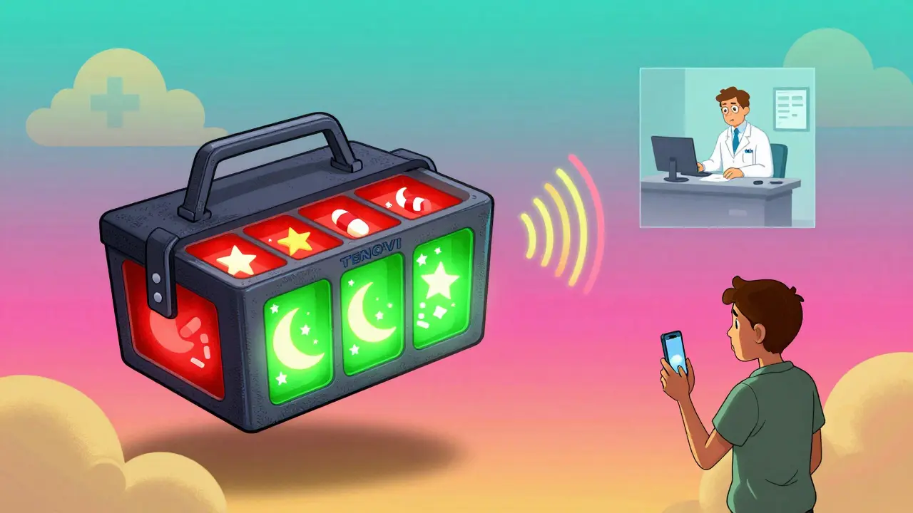 A glowing pillbox with star-shaped pills emits rainbow signals to a doctor’s office and caregiver’s phone.