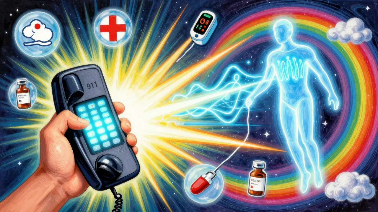 A hand calling 911 with glowing lifeline connecting to a pulsing figure, surrounded by medical symbols in vibrant colors.