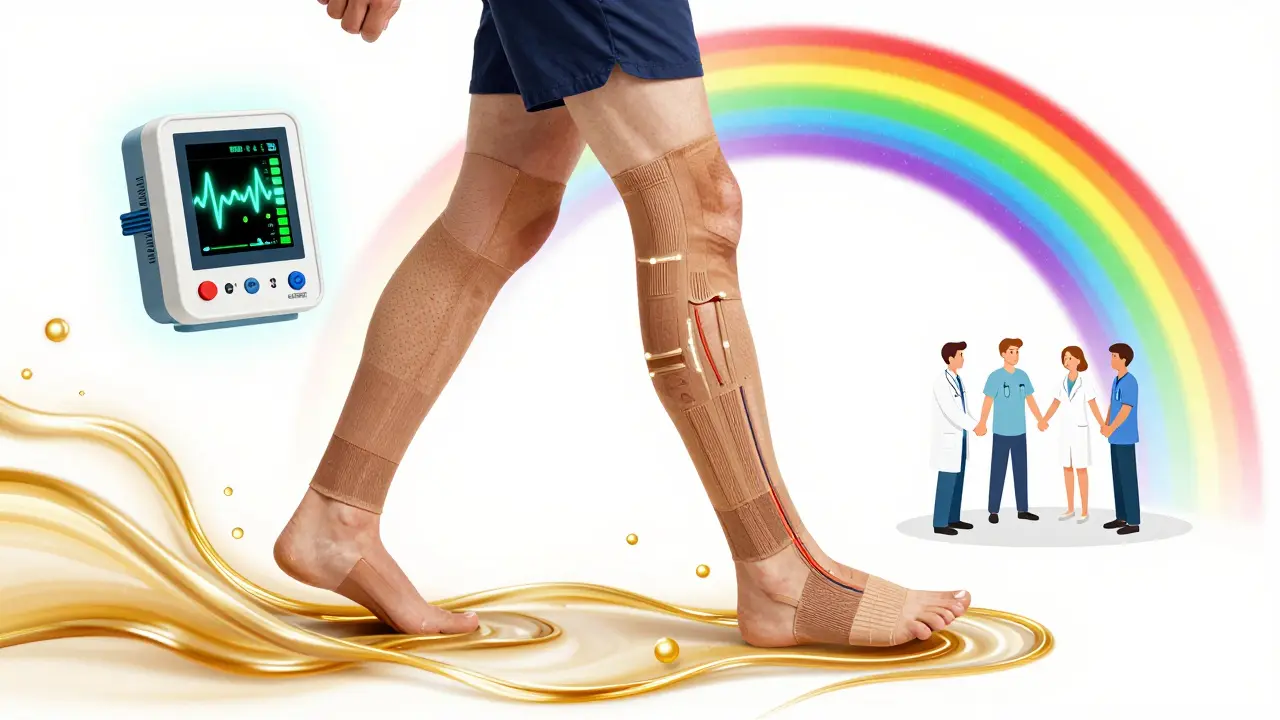 A patient walking with compression socks, fluid waves rising, aided by a glowing device and care team in a rainbow-hued scene.