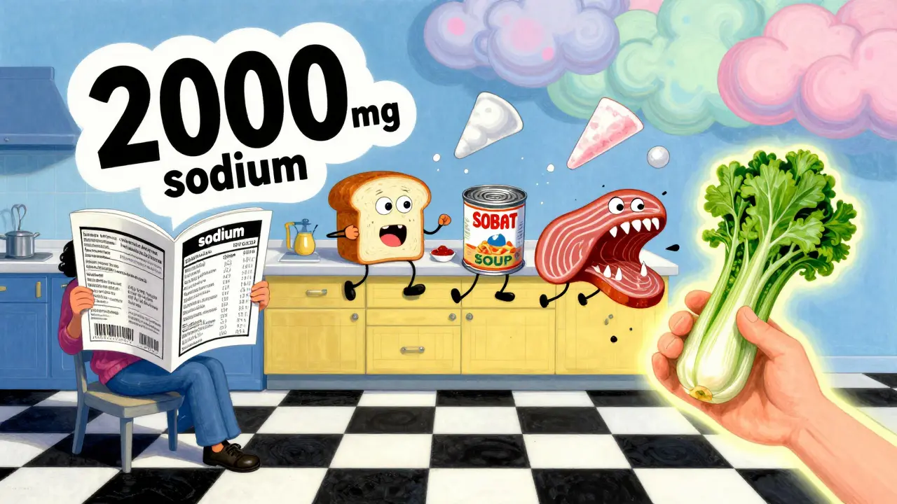 A person rejecting processed foods with floating sodium numbers, surrounded by glowing vegetables and cosmic patterns in vibrant cartoon style.