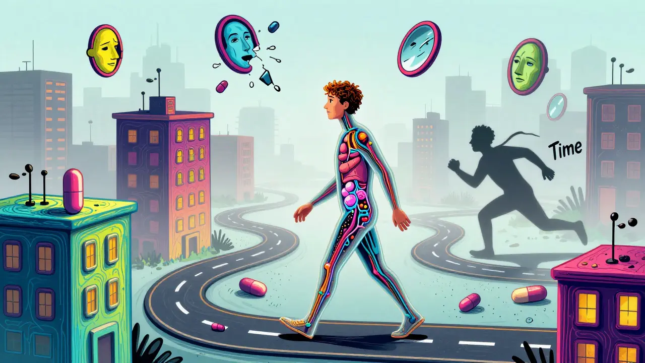 A person walking through a foggy city made of pills and neural pathways, symbolizing brain fog.