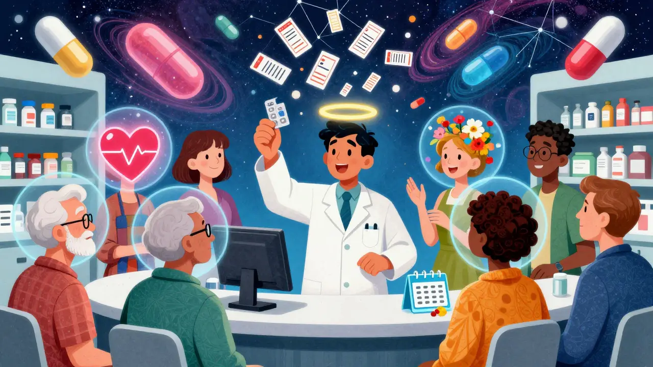 A pharmacist hands a smart blister pack to diverse patients, each surrounded by personalized digital health halos.