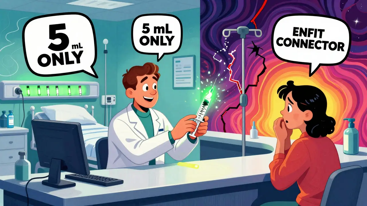 A pharmacist hands an oral syringe to a parent, with floating labels for mL and ENFit in a colorful pharmacy scene.