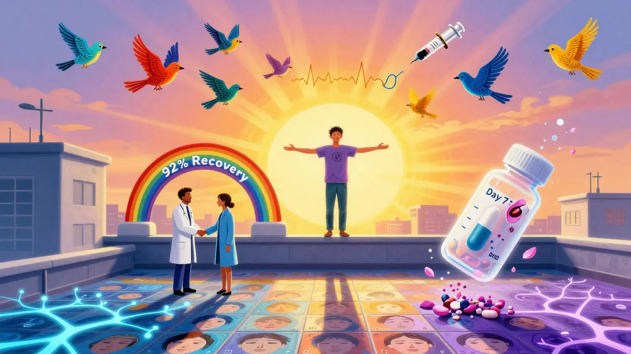A serene patient on a hospital rooftop watches medical-themed birds fly away as a rainbow signals 92% recovery.