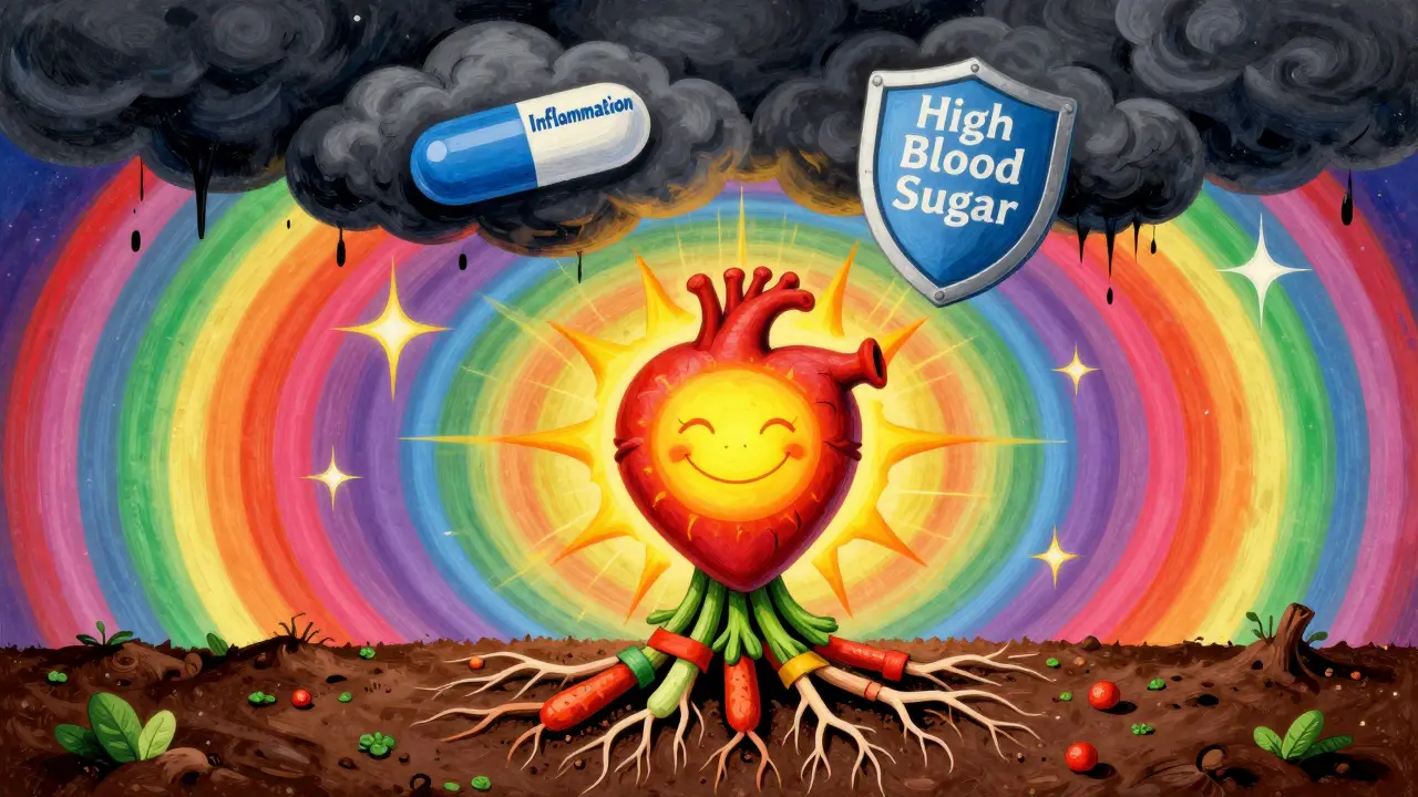 A smiling heart sun with vegetable roots and a protective pill shield blocking dark storm clouds in vibrant psychedelic art.