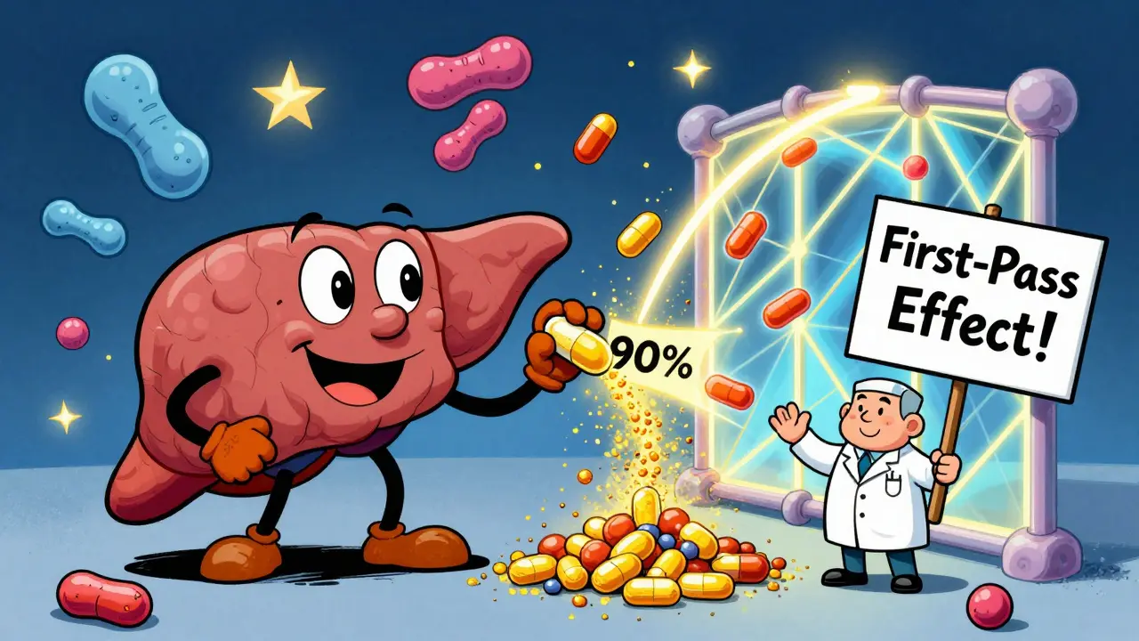 A smiling liver filters a pill with golden dust, while proteins and a blood-brain barrier glow in cosmic colors.