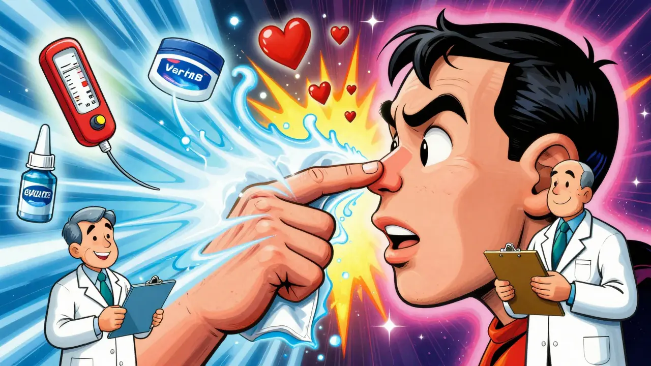 A superhero pinch stops a nosebleed as blood droplets become hearts, surrounded by medical icons in glowing psychedelic colors.