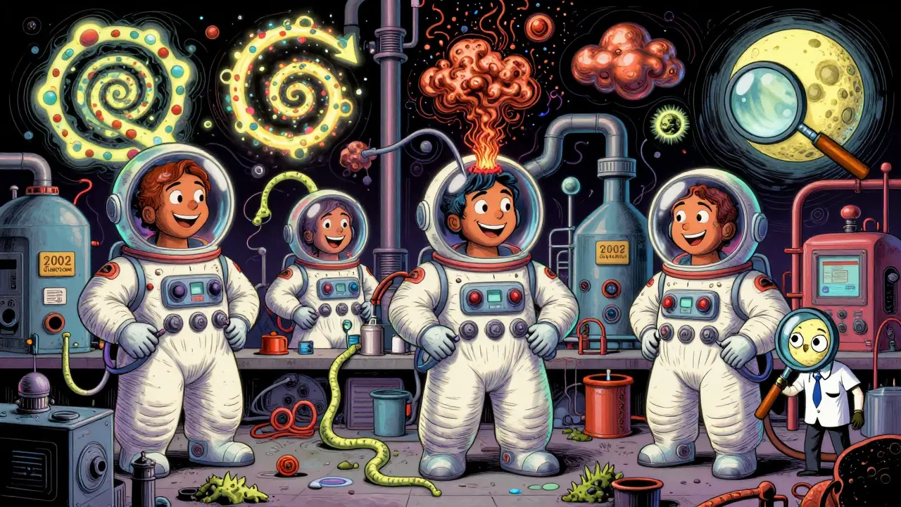 A surreal drug factory with invisible contaminants seeping from old machines under a glowing FDA inspector.