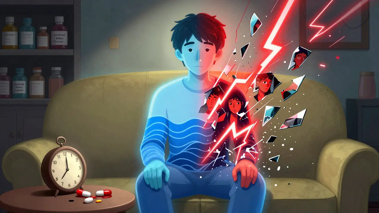 A translucent person surrounded by inner chaos and calm, with melting clocks and pharmacy bottles nearby.