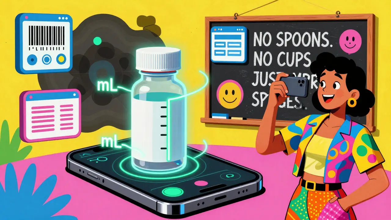 An augmented reality app highlights the correct medicine dose on a bottle, with a caregiver taking a photo nearby.